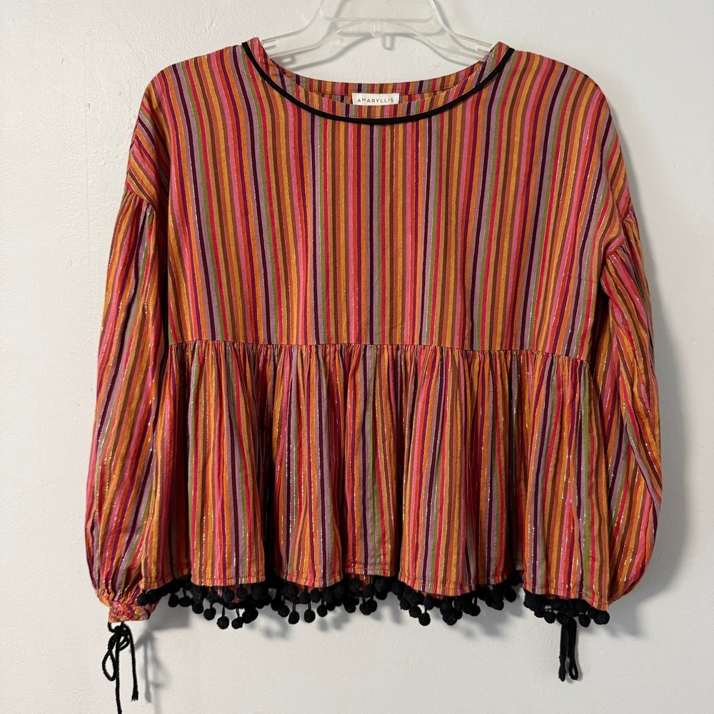 Amaryllis Anthropologie Striped Peplum Top Pom Pom Trim Metallic Boho Blouse S